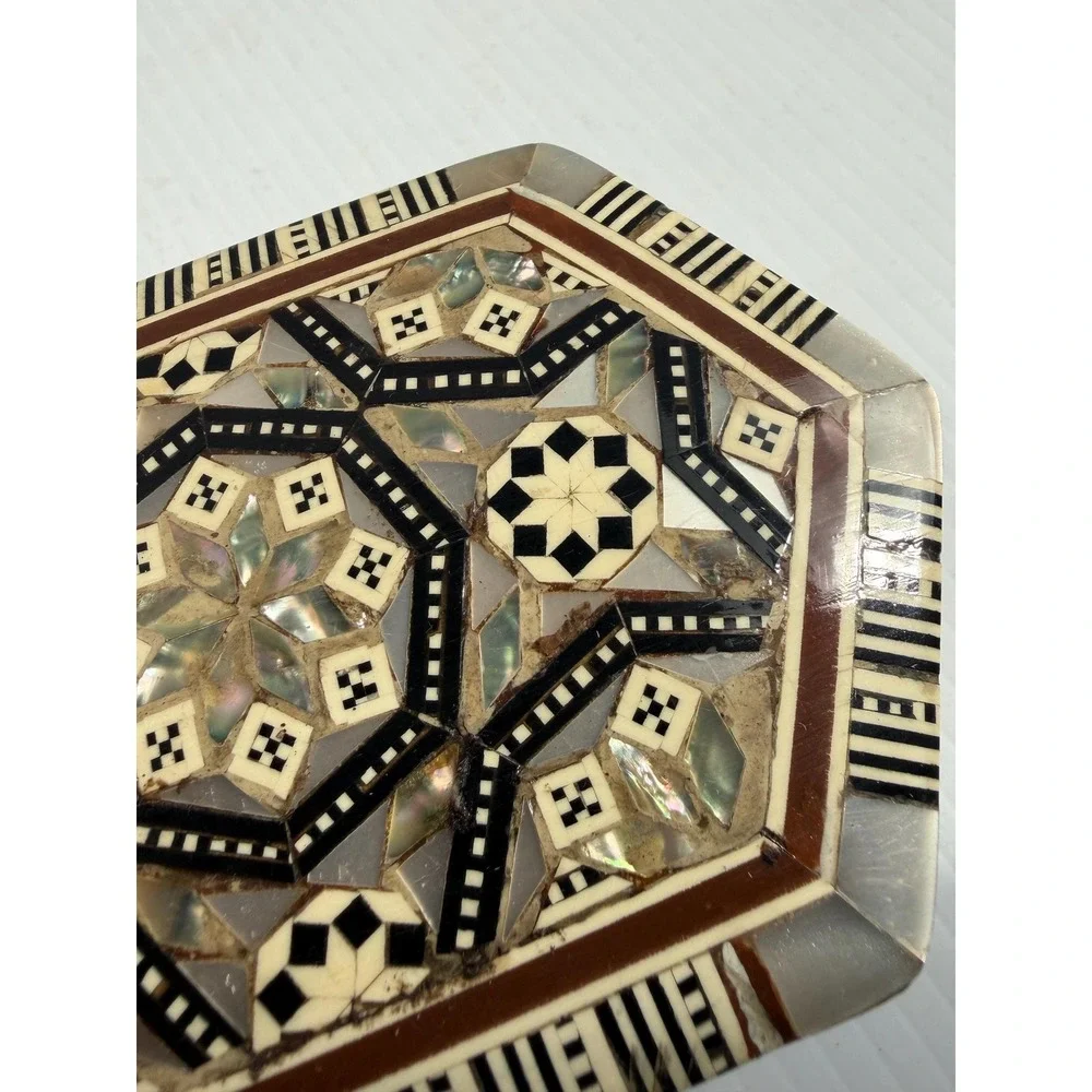 Vintage Egyptian Handmade Wood Jewelry Box Hexagon Mother of Pearl Inlay Mosaic